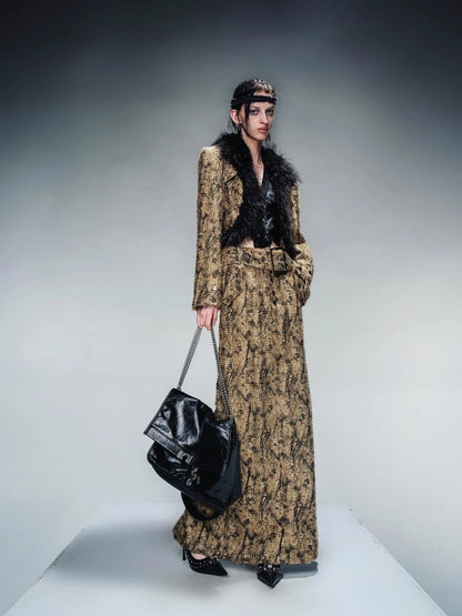 Dry Leaf Print Tweed Suit Set V-Neck T-Shirt Long-Sleeve