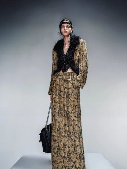 NN NORTH NODE Dry Leaf Print Tweed Suit Set V-Neck T-Shirt Long-Sleeve