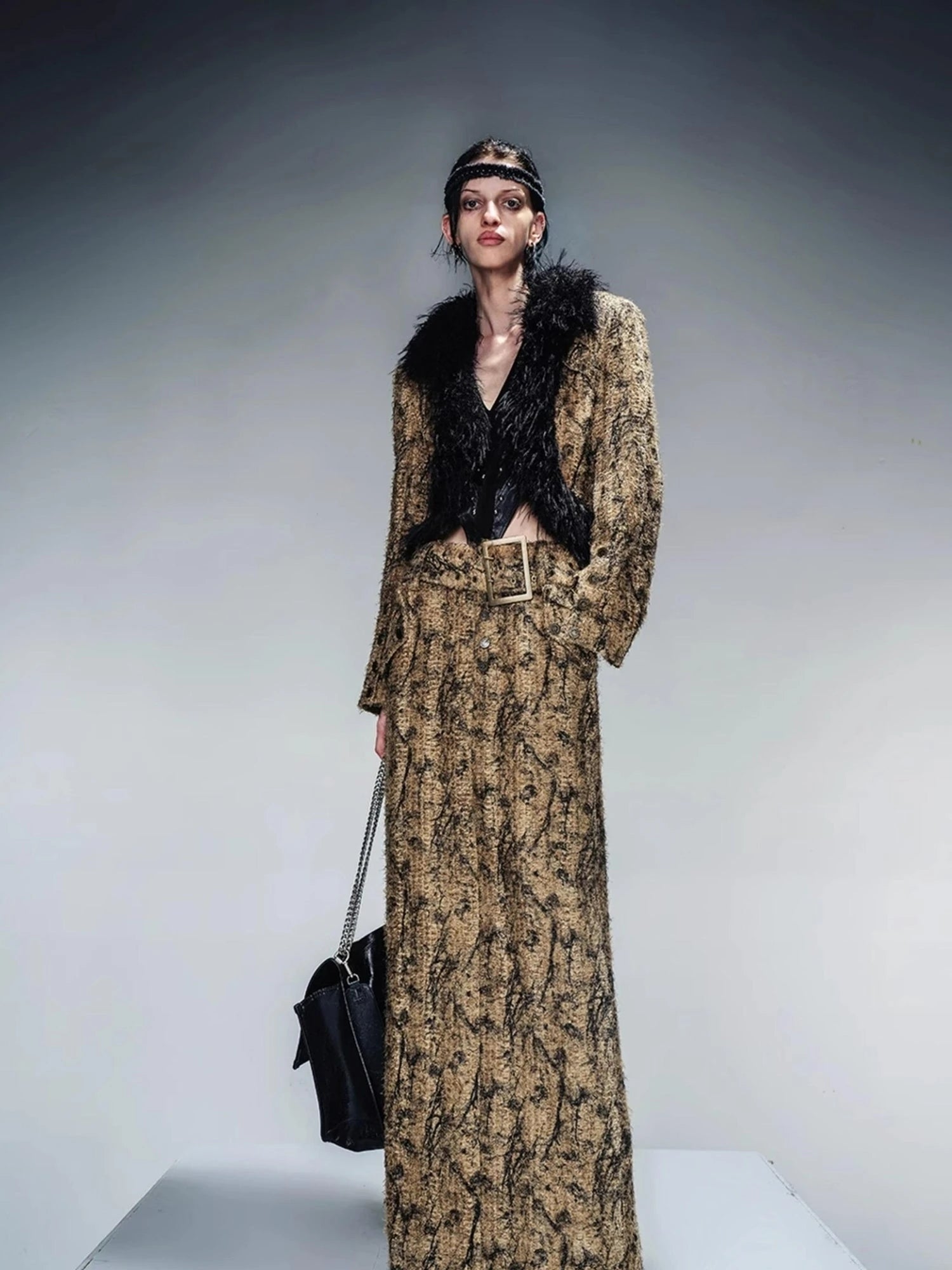 Dry Leaf Print Tweed Suit Set V-Neck T-Shirt Long-Sleeve