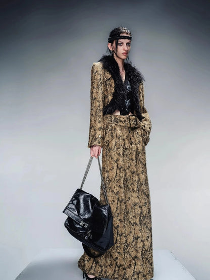 Dry Leaf Print Tweed Suit Set V-Neck T-Shirt Long-Sleeve