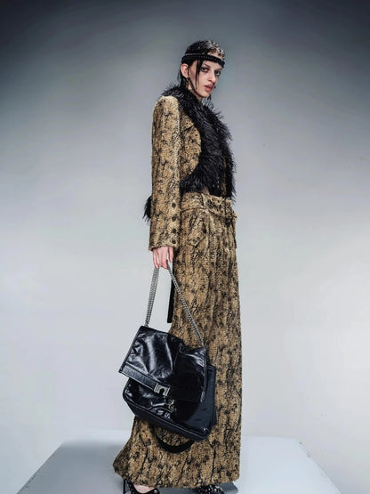 Dry Leaf Print Tweed Suit Set V-Neck T-Shirt Long-Sleeve