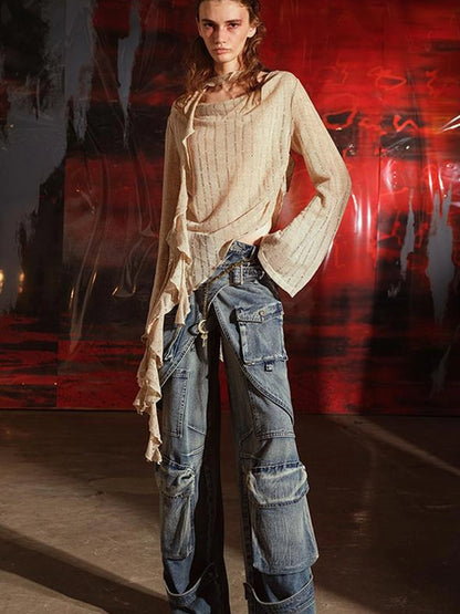 Dune Wasteland Style Irregular Ruffled Knit Top V-Neck T-Shirt Long-Sleeve