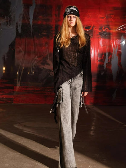 Dune Wasteland Style Irregular Ruffled Knit Top V-Neck T-Shirt Long-Sleeve