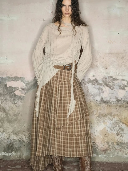 Dune Wasteland Style Irregular Ruffled Knit Top V-Neck T-Shirt Long-Sleeve