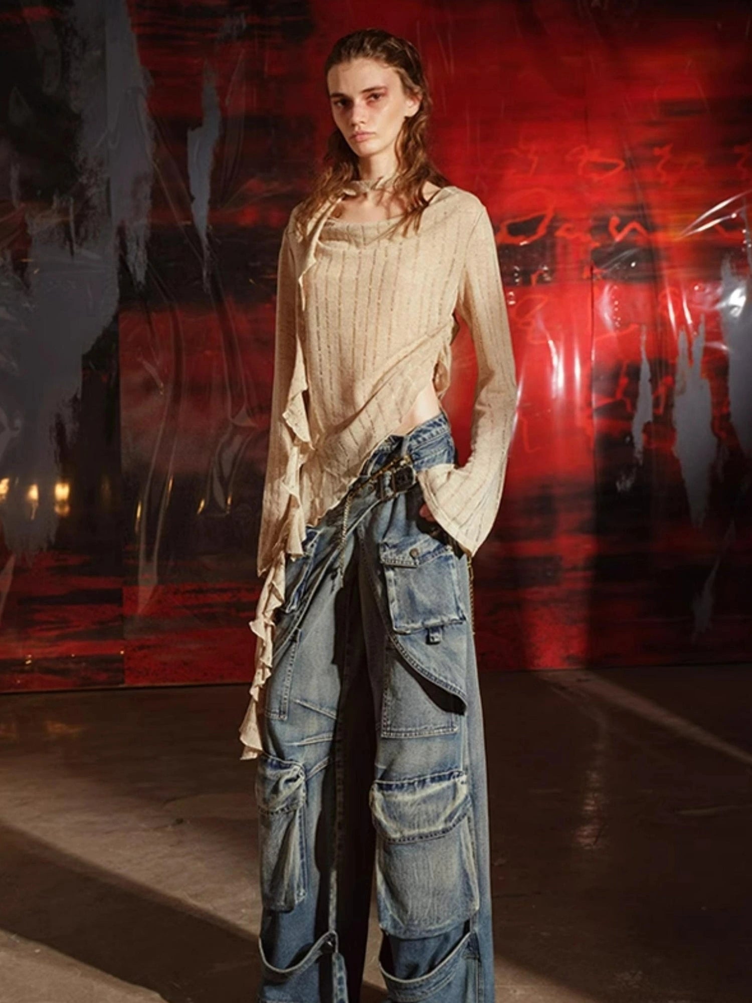 Dune Wasteland Style Irregular Ruffled Knit Top V-Neck T-Shirt Long-Sleeve