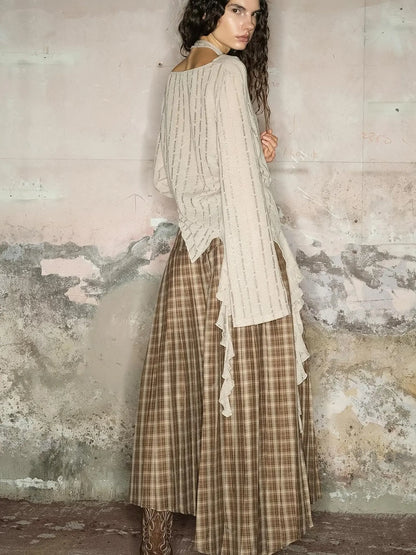 Dune Wasteland Style Irregular Ruffled Knit Top V-Neck T-Shirt Long-Sleeve