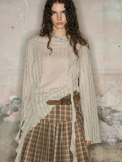 Dune Wasteland Style Irregular Ruffled Knit Top V-Neck T-Shirt Long-Sleeve