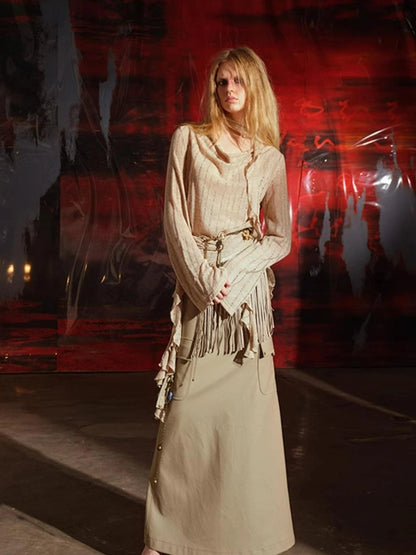 Dune Wasteland Style Irregular Ruffled Knit Top V-Neck T-Shirt Long-Sleeve