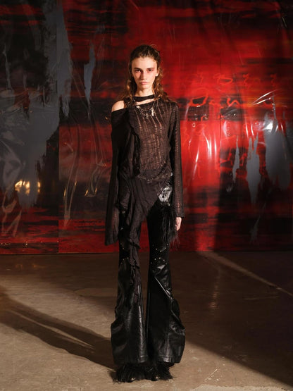 Dune Wasteland Style Irregular Ruffled Knit Top V-Neck T-Shirt Long-Sleeve