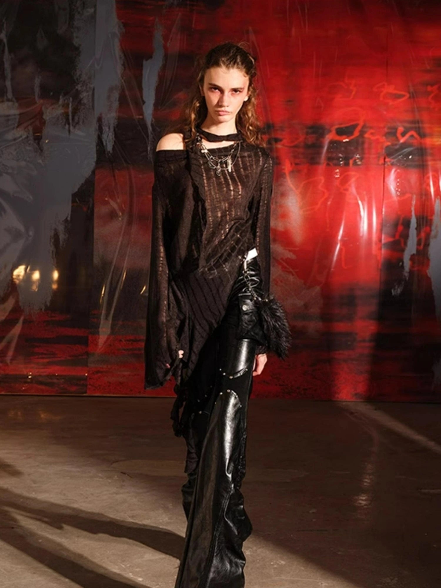 Dune Wasteland Style Irregular Ruffled Knit Top V-Neck T-Shirt Long-Sleeve