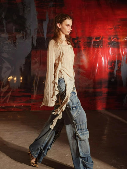 Dune Wasteland Style Irregular Ruffled Knit Top V-Neck T-Shirt Long-Sleeve