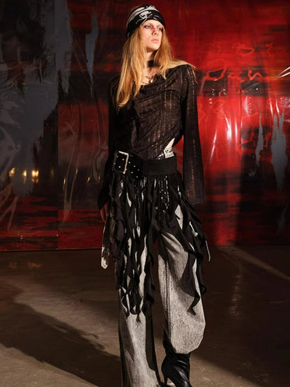 Dune Wasteland Style Irregular Ruffled Knit Top V-Neck T-Shirt Long-Sleeve