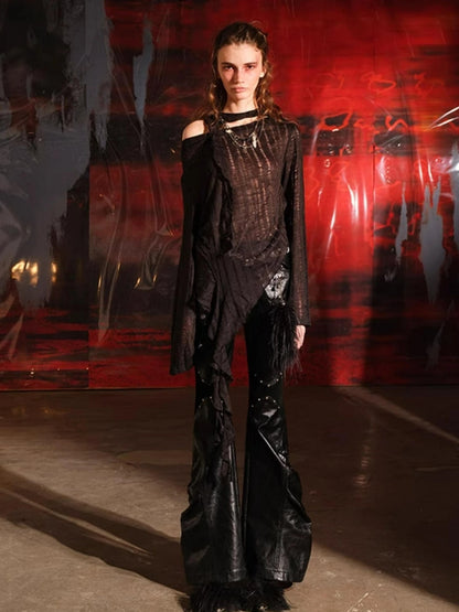 Dune Wasteland Style Irregular Ruffled Knit Top V-Neck T-Shirt Long-Sleeve