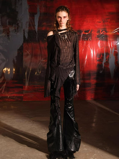 UpdateNN NORTH NODE Dune Wasteland Style Irregular Ruffled Knit Top V-Neck T-Shirt Long-Sleeve