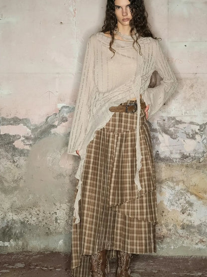 Dune Wasteland Style Irregular Ruffled Knit Top V-Neck T-Shirt Long-Sleeve