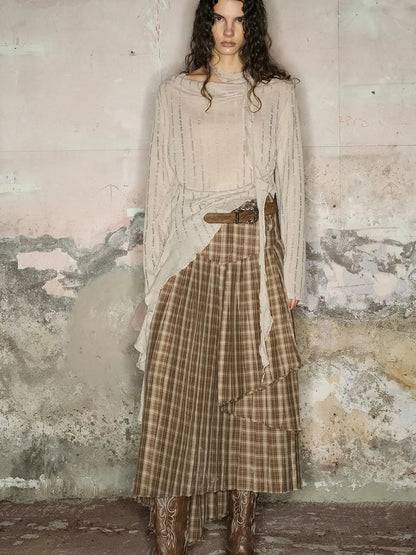 Dune Wasteland Style Irregular Ruffled Knit Top V-Neck T-Shirt Long-Sleeve