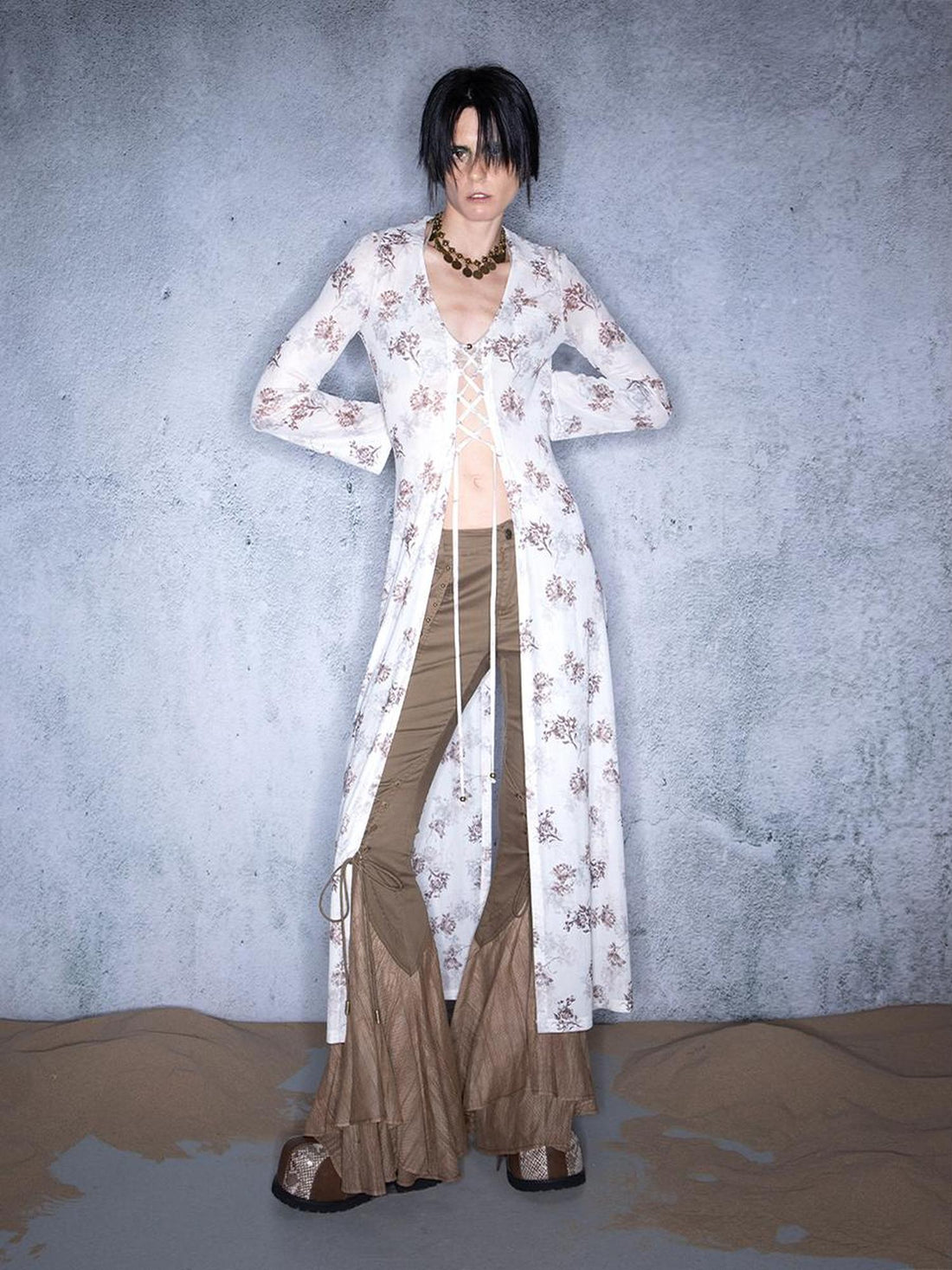 UpdateNN NORTH NODE Elastic Mesh Sheer Long Kimono With Adjustable Tie