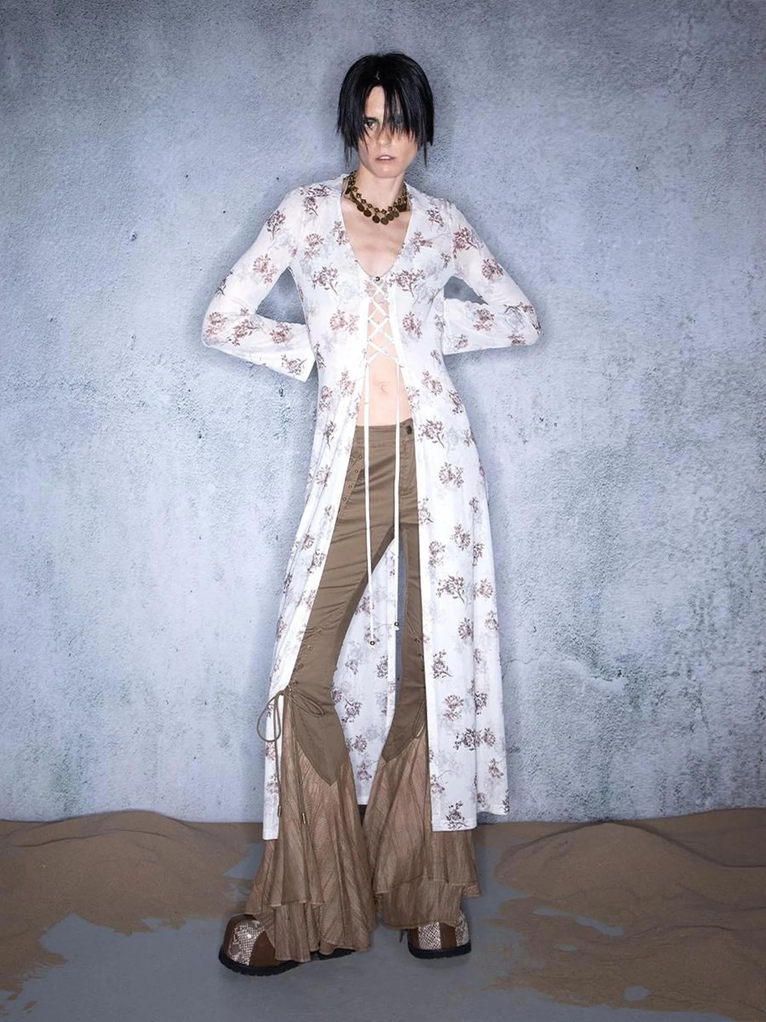 Elastic Mesh Sheer Long Kimono With Adjustable Tie