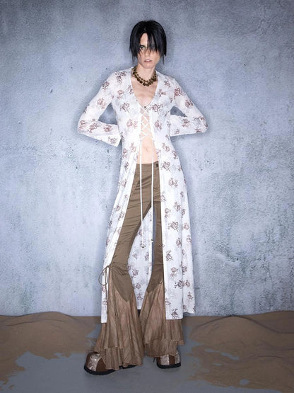 Elastic Mesh Sheer Long Kimono With Adjustable Tie