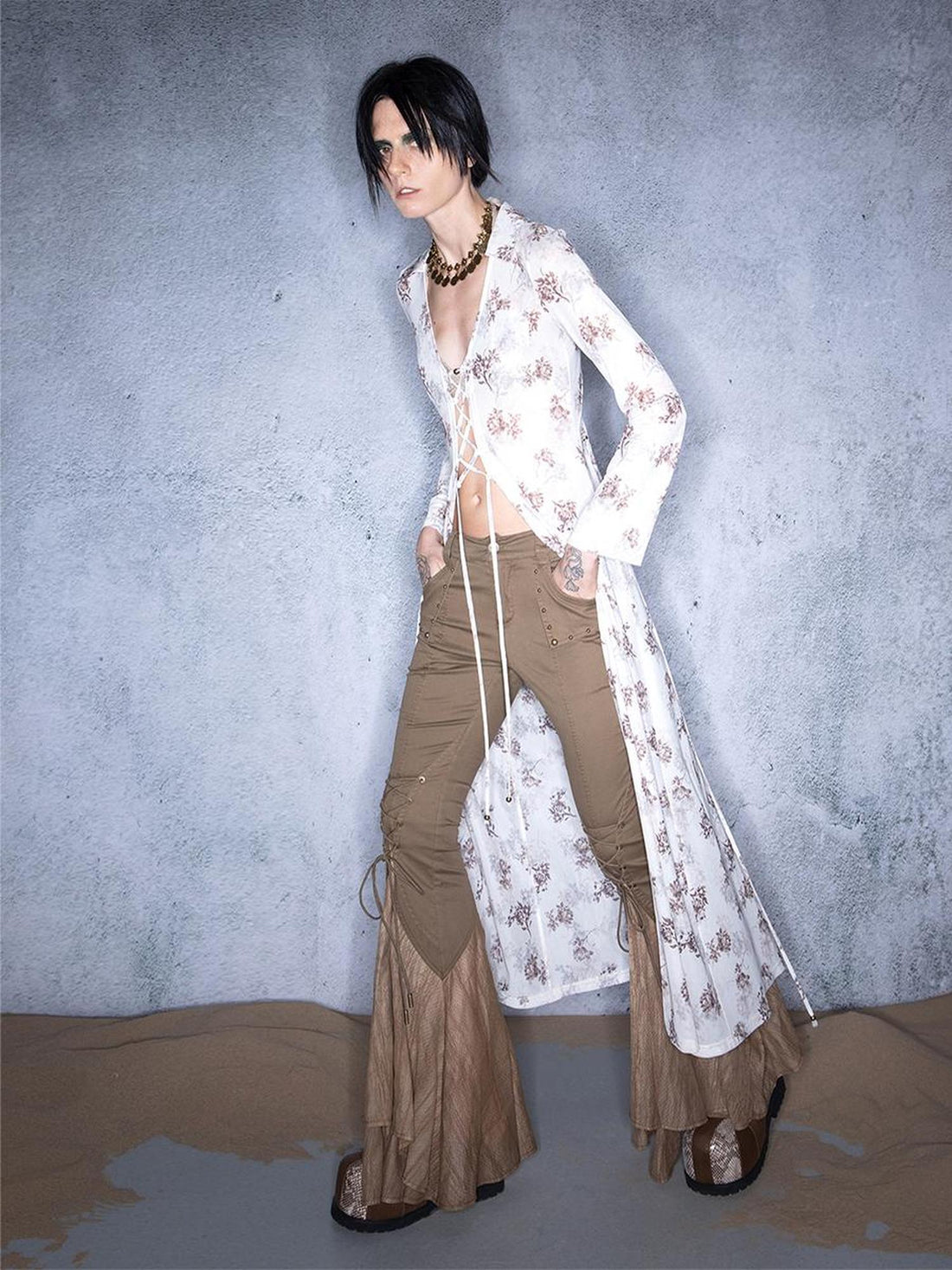 UpdateNN NORTH NODE Elastic Mesh Sheer Long Kimono With Adjustable Tie