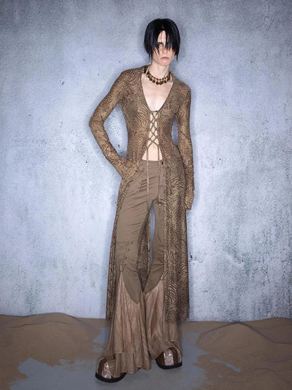 Elastic Mesh Sheer Long Kimono With Adjustable Tie