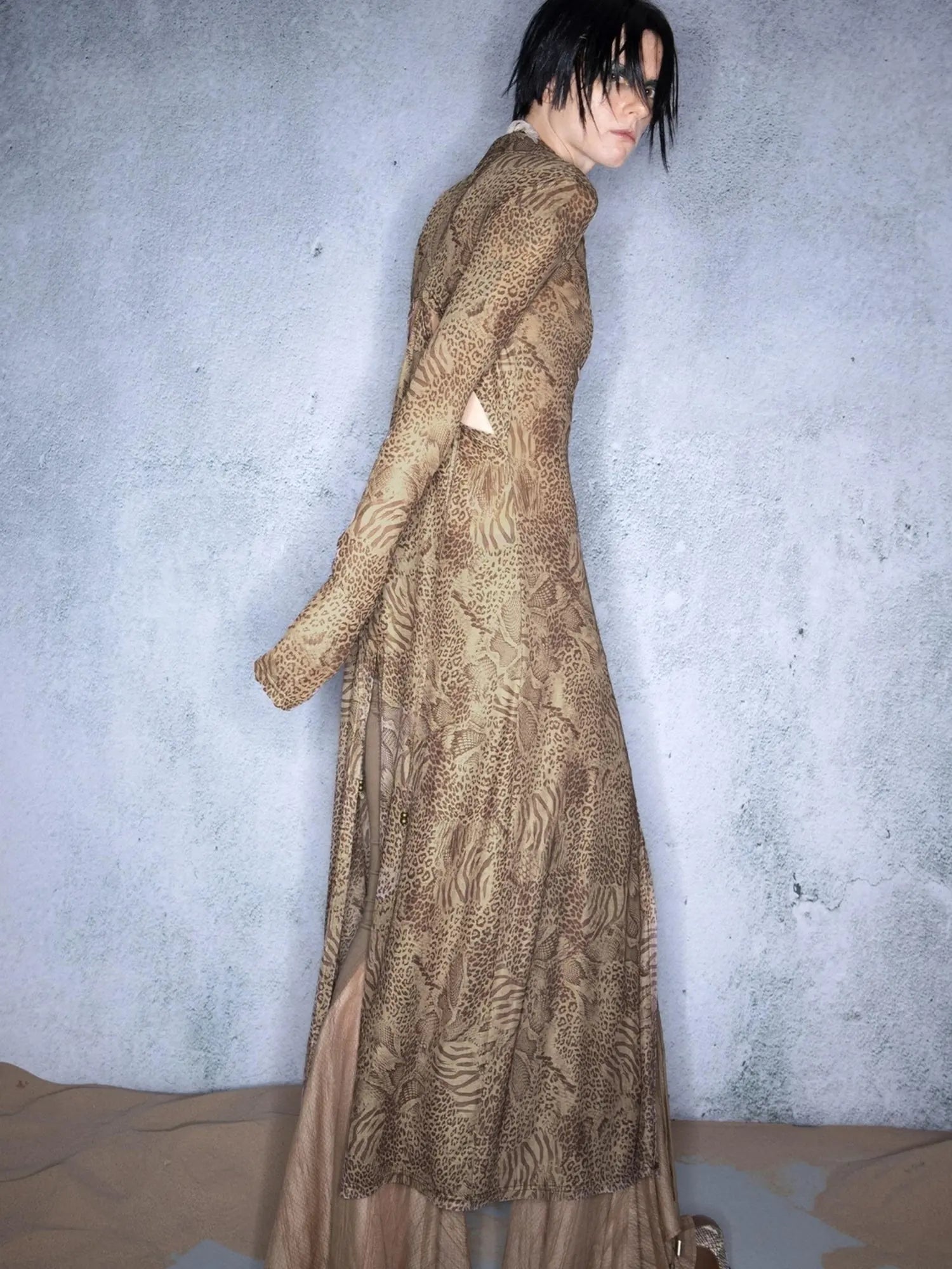 Elastic Mesh Sheer Long Kimono With Adjustable Tie