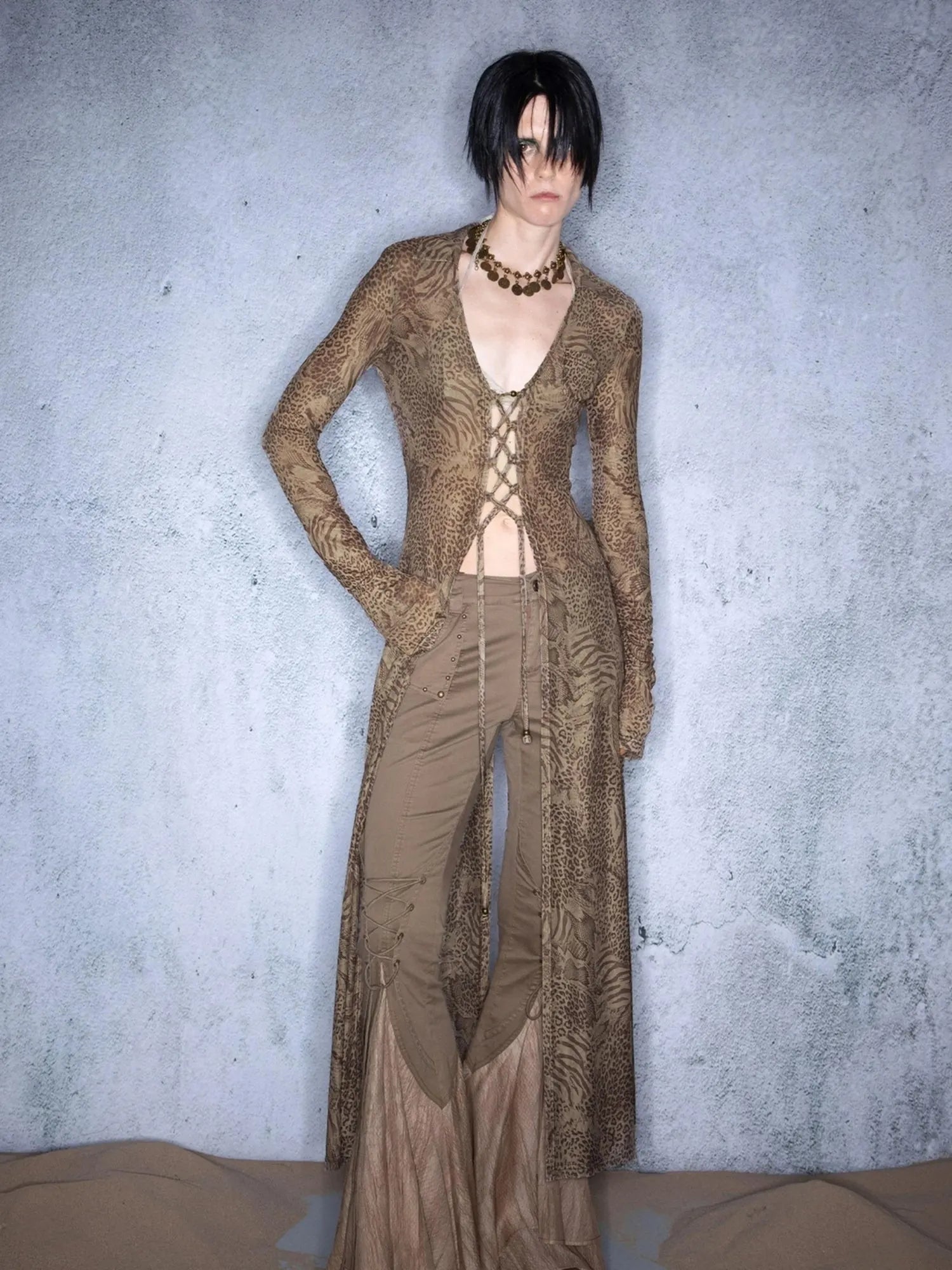 Elastic Mesh Sheer Long Kimono With Adjustable Tie