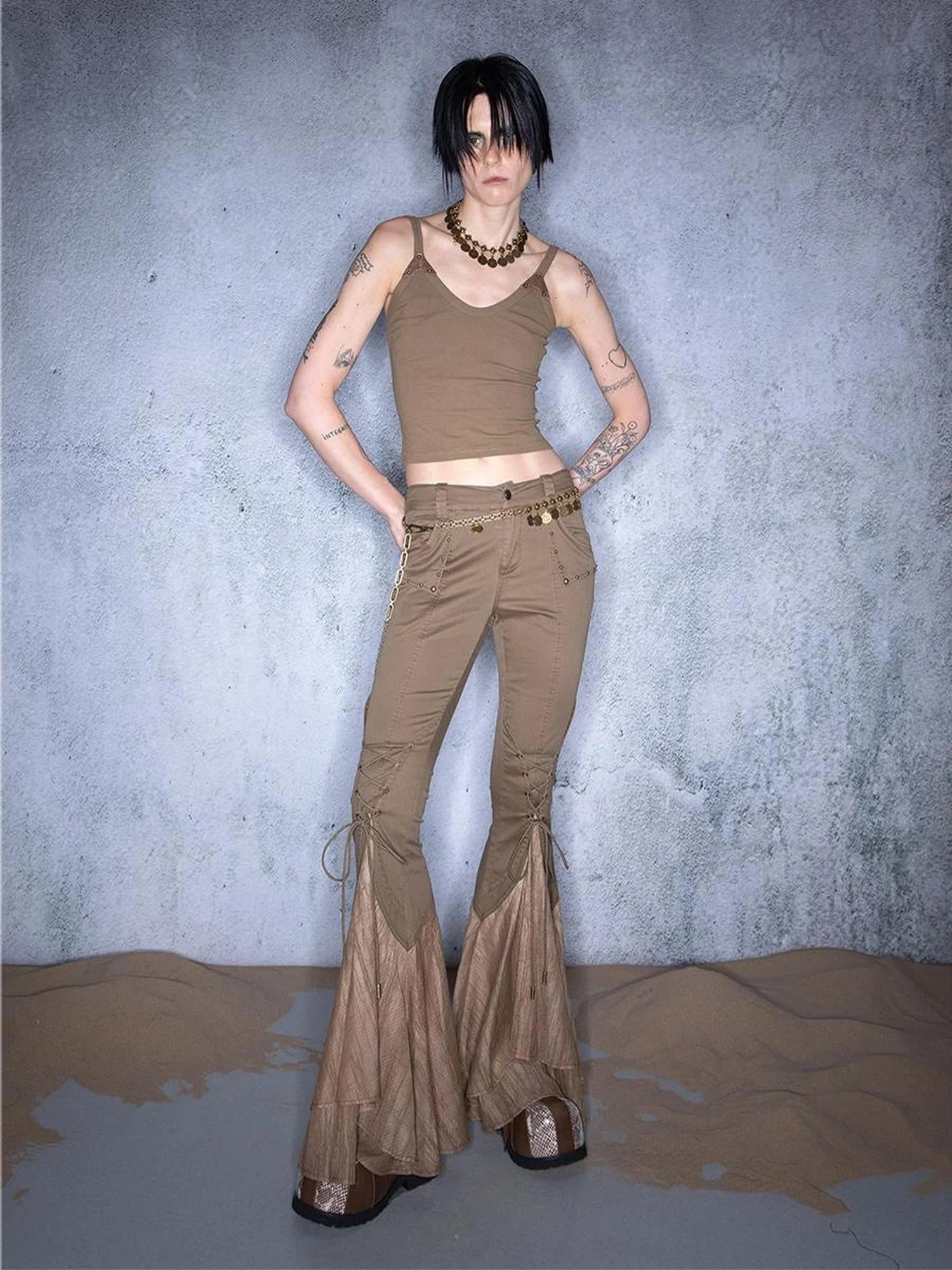 Ember Glow Dawn Flared Chiffon Tie Pants