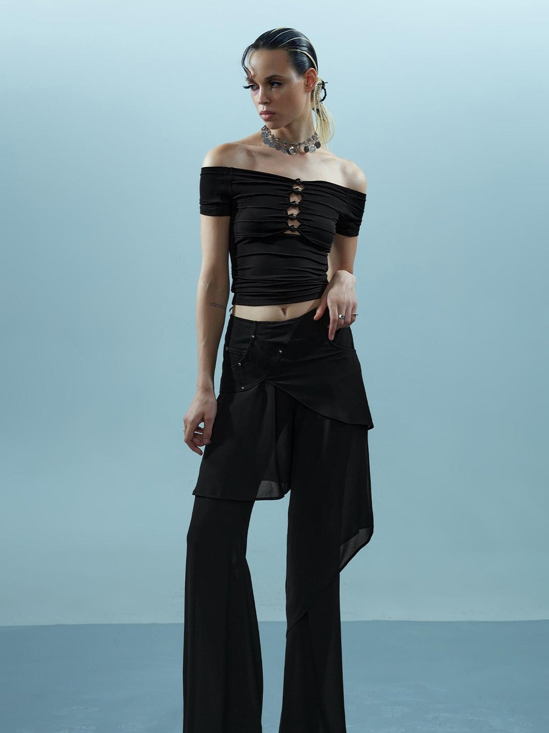 NN NORTH NODE Ethereal Threads Asymmetric Chiffon Palazzo Pants