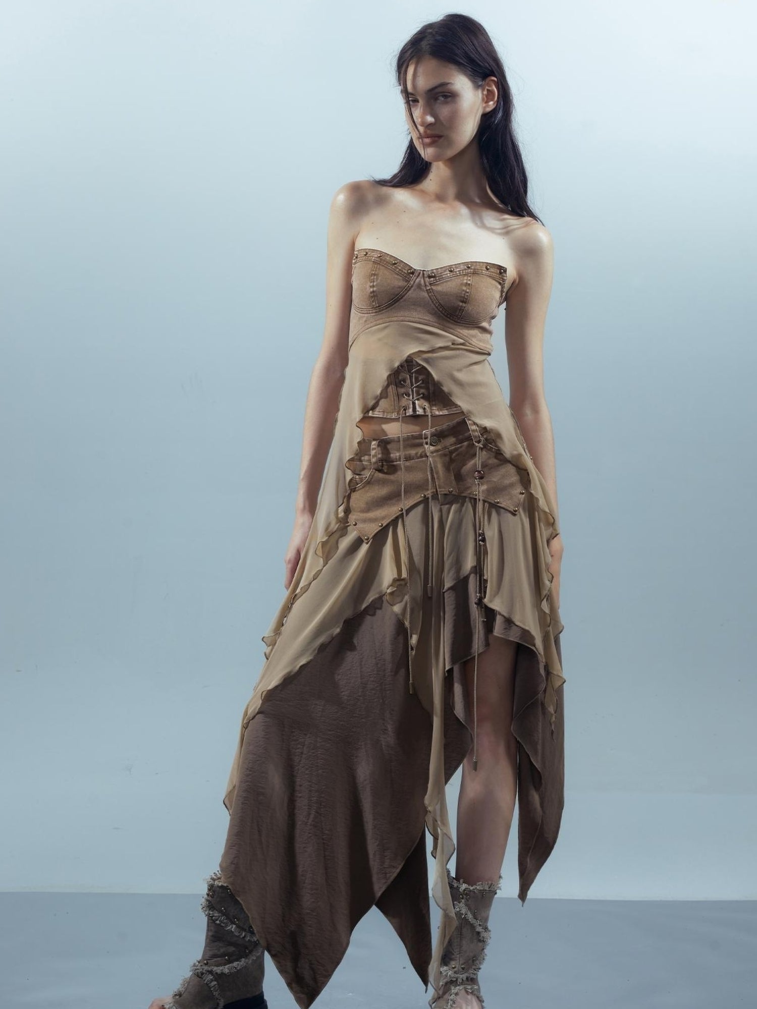 UpdateNN NORTH NODE Ethereal Threads Distressed Asymmetrical Layered Skirt