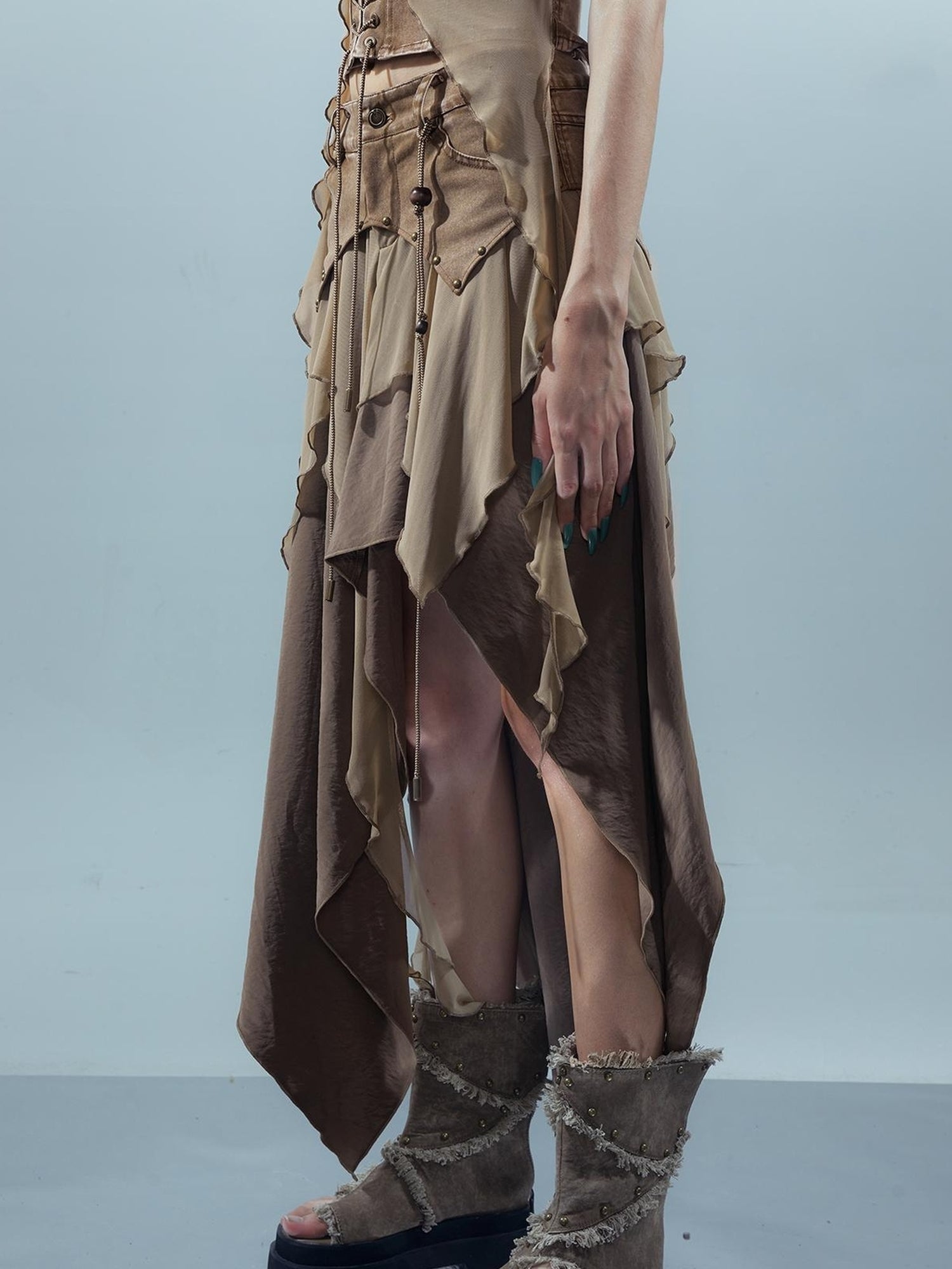 UpdateNN NORTH NODE Ethereal Threads Distressed Asymmetrical Layered Skirt