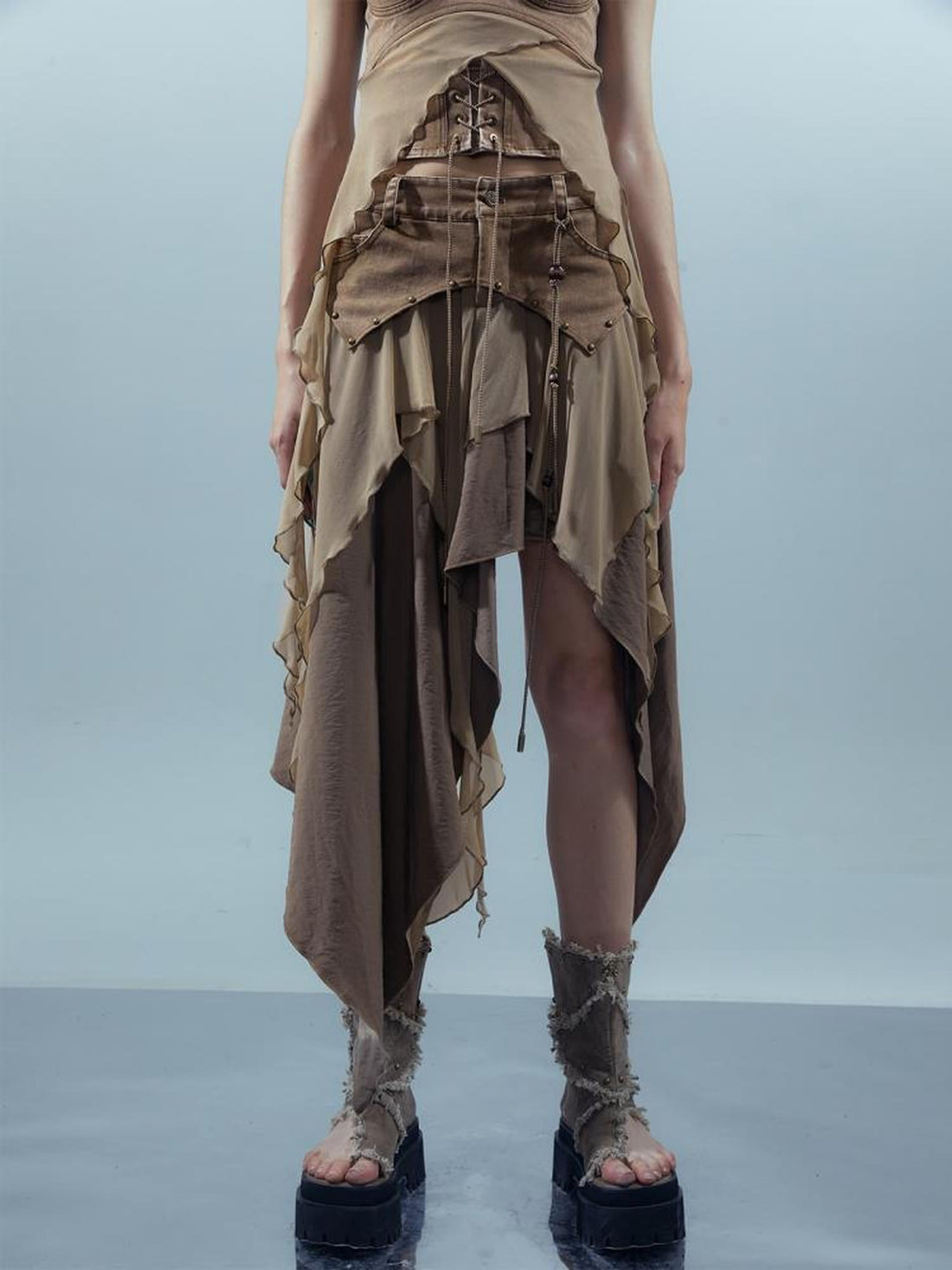 UpdateNN NORTH NODE Ethereal Threads Distressed Asymmetrical Layered Skirt