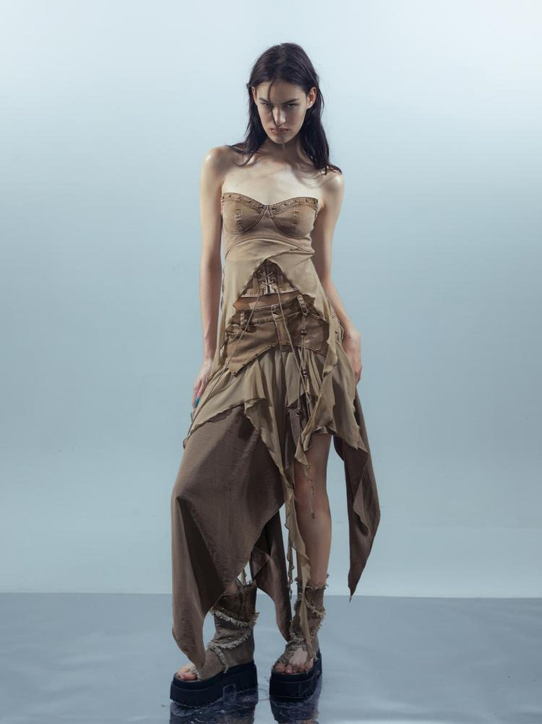 UpdateNN NORTH NODE Ethereal Threads Distressed Asymmetrical Layered Skirt