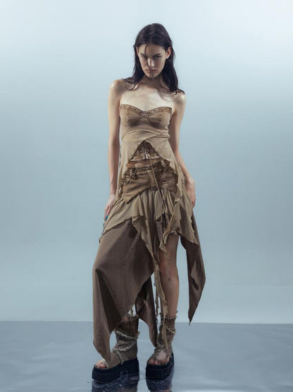 UpdateNN NORTH NODE Ethereal Threads Distressed Asymmetrical Layered Skirt