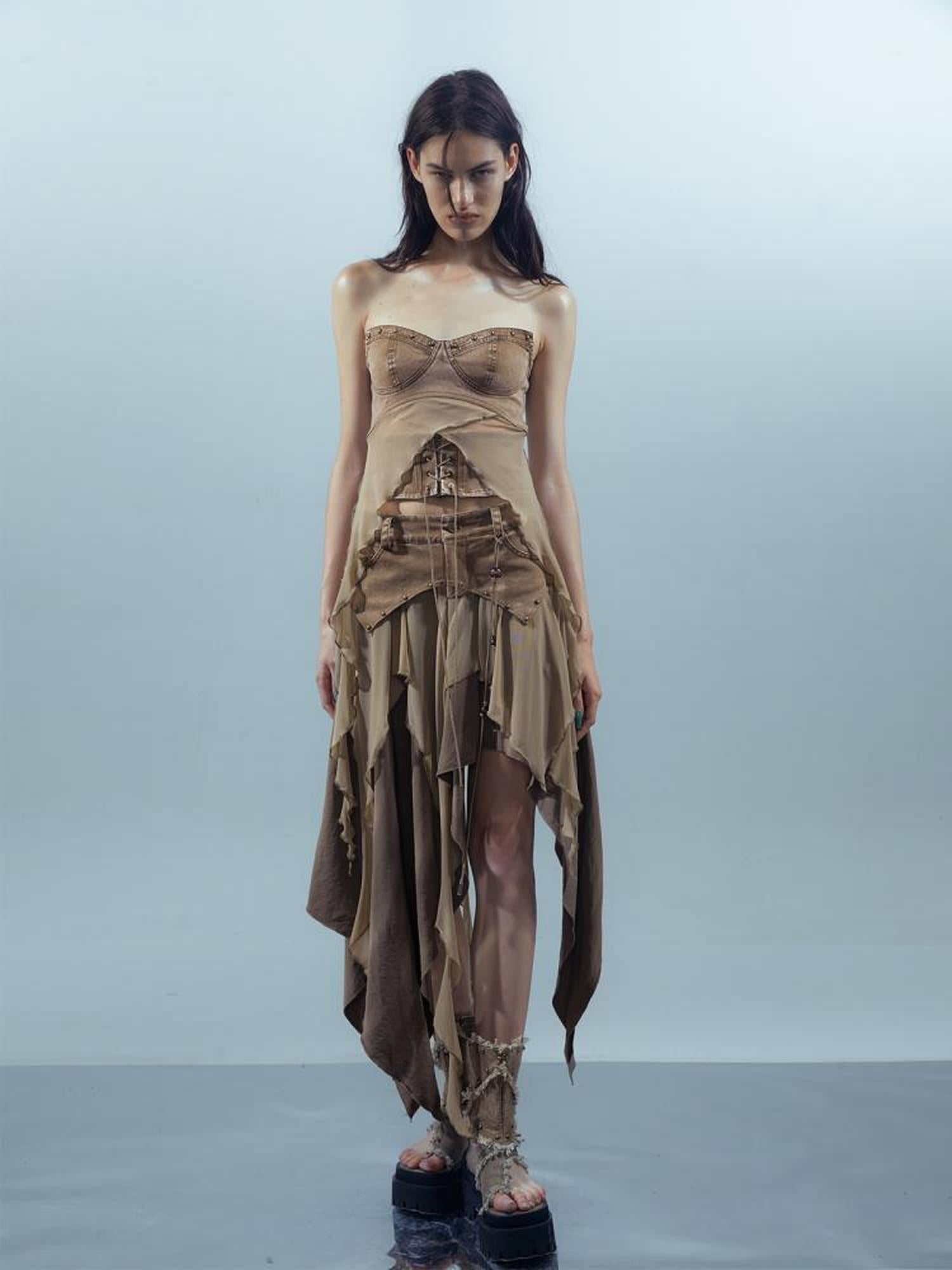 UpdateNN NORTH NODE Ethereal Threads Distressed Asymmetrical Layered Skirt