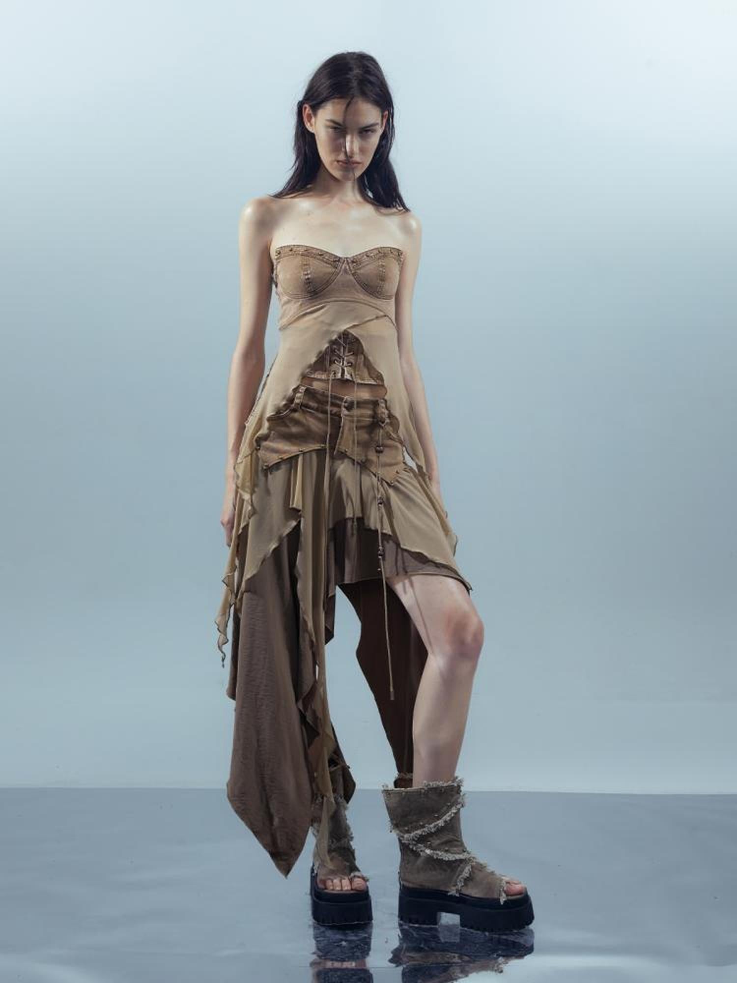 UpdateNN NORTH NODE Ethereal Threads Distressed Asymmetrical Layered Skirt