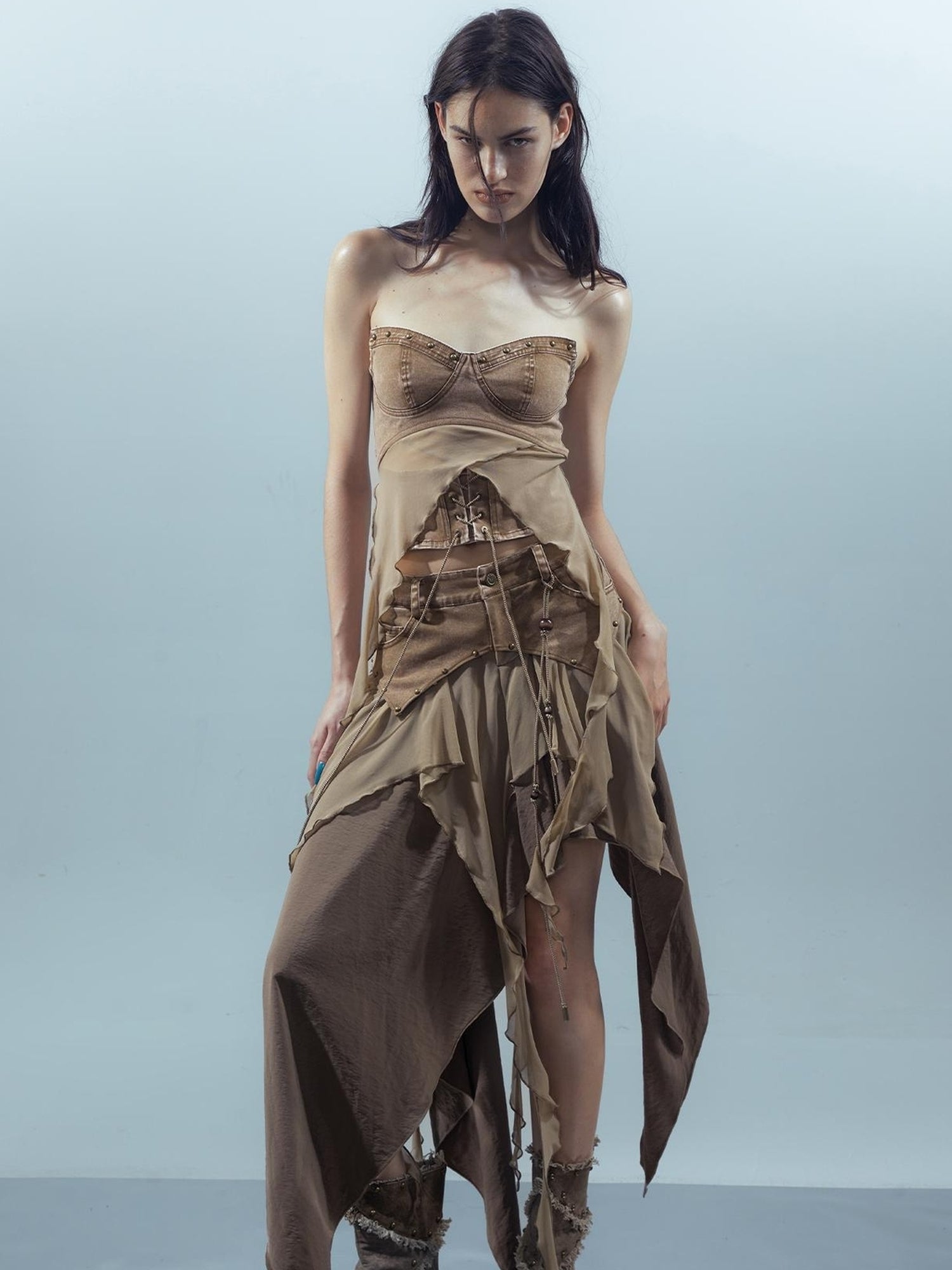 UpdateNN NORTH NODE Ethereal Threads Distressed Asymmetrical Layered Skirt