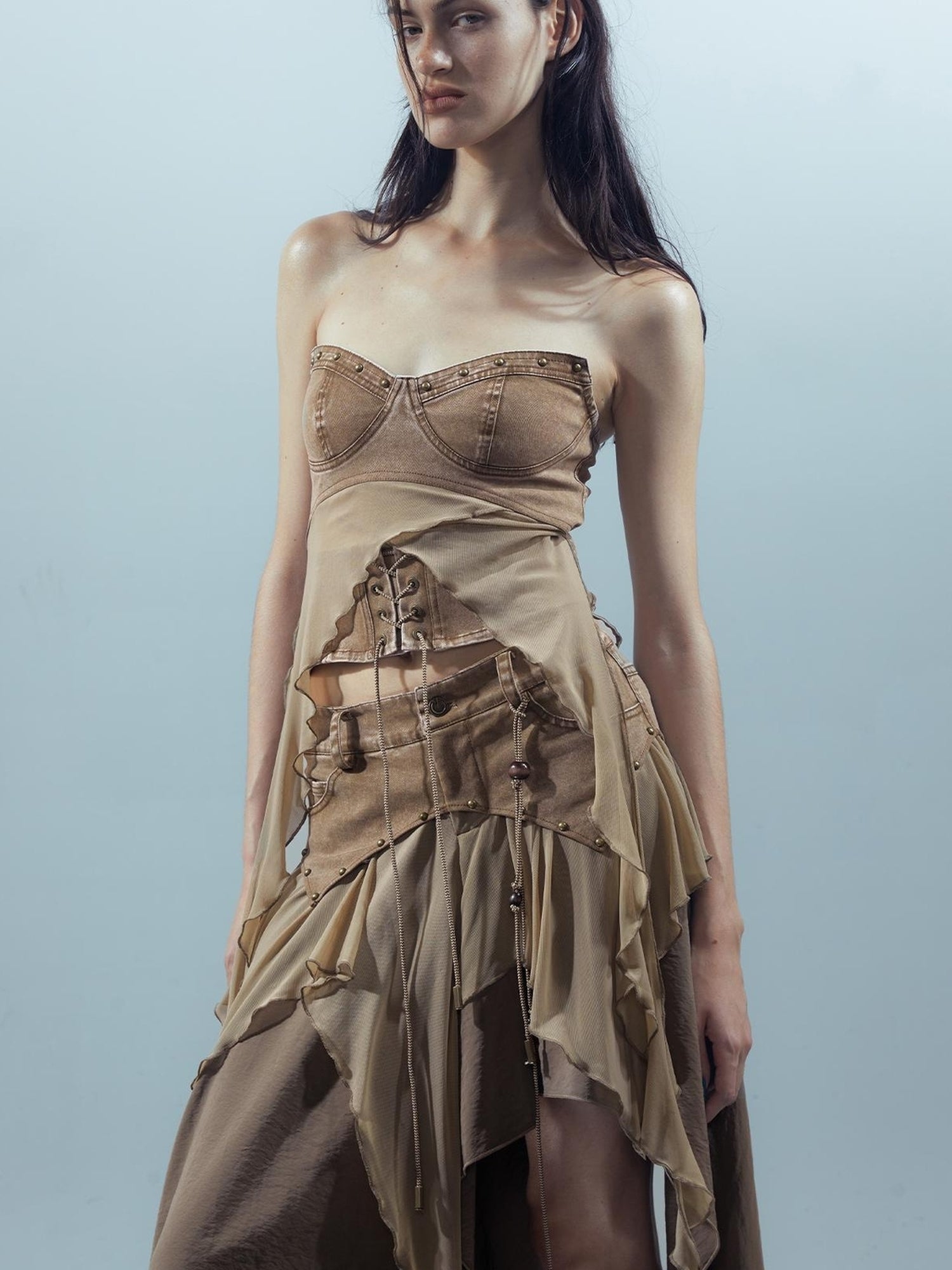 UpdateNN NORTH NODE Ethereal Threads Distressed Asymmetrical Layered Skirt