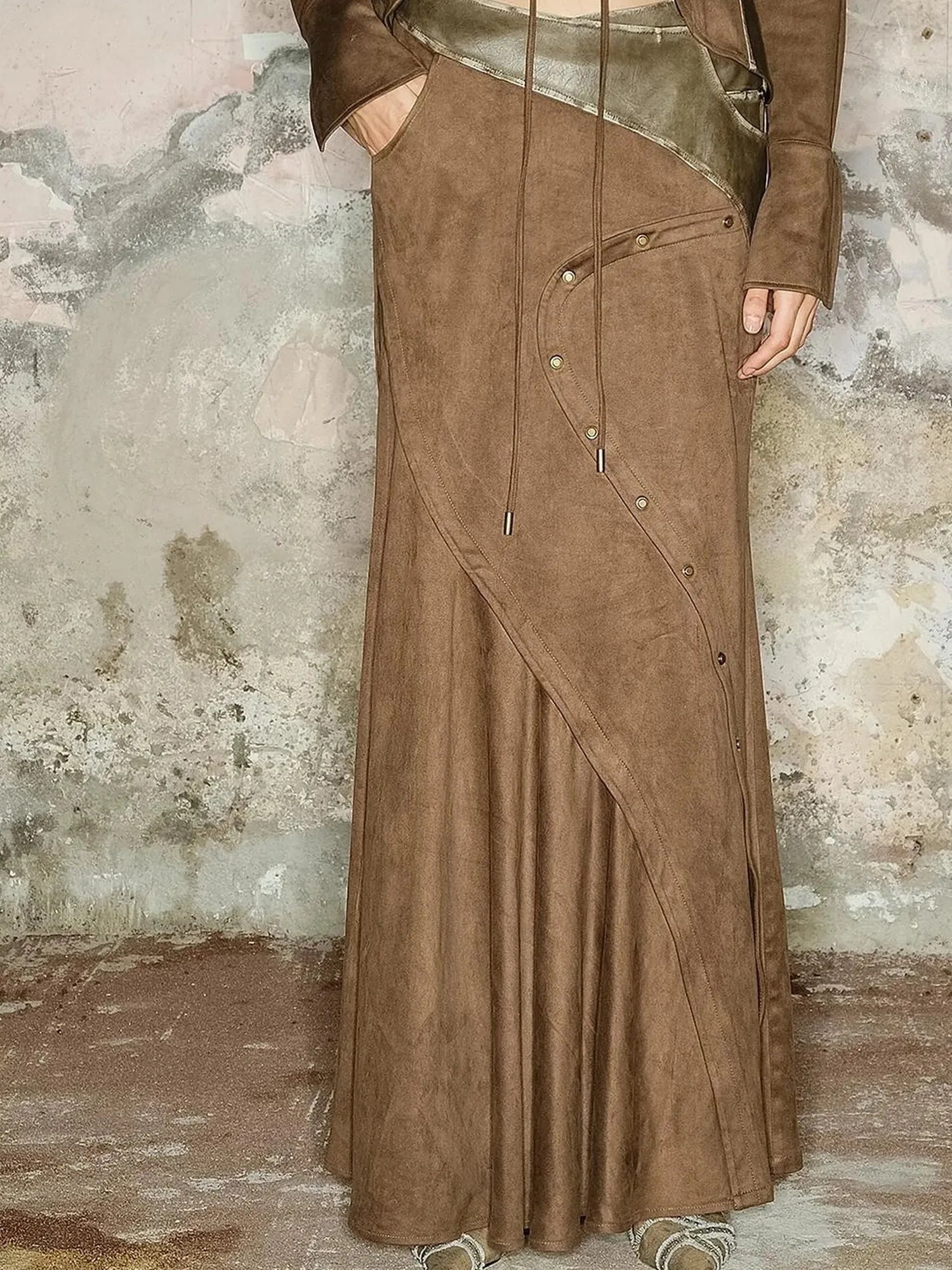 Faux Suede Midi Skirt With Pleated Panel