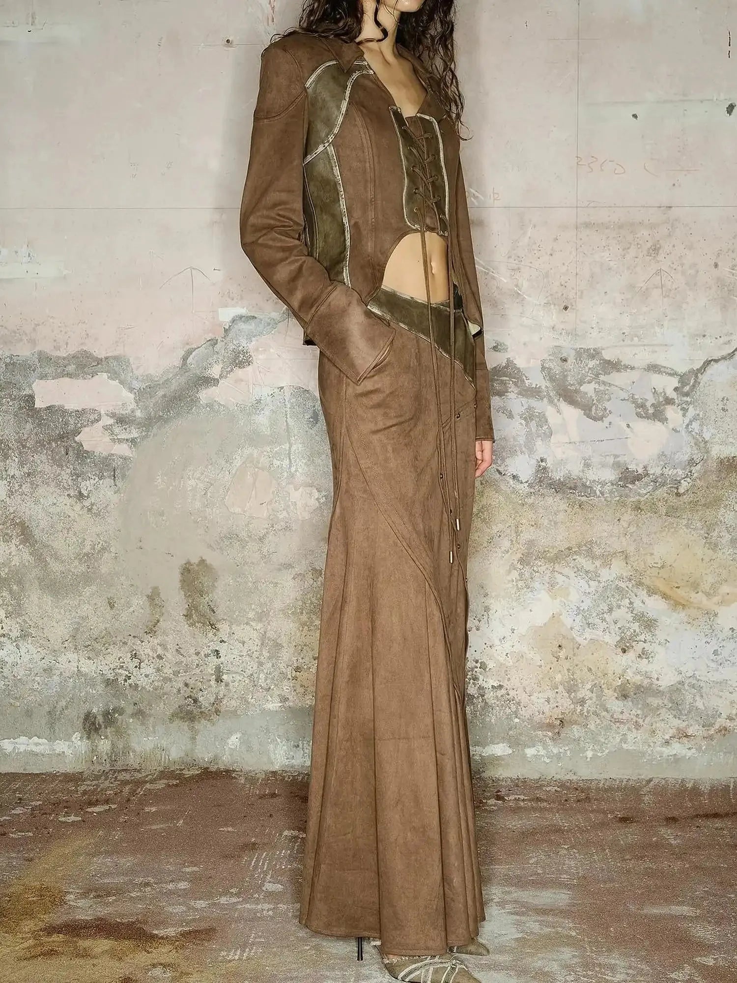 Faux Suede Midi Skirt With Pleated Panel