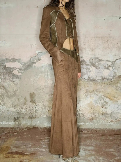 Faux Suede Midi Skirt With Pleated Panel