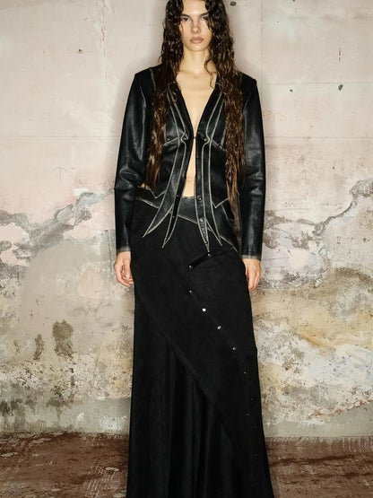 Faux Suede Midi Skirt With Pleated Panel