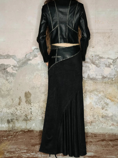 Faux Suede Midi Skirt With Pleated Panel