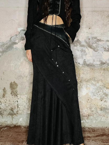 Faux Suede Midi Skirt With Pleated Panel