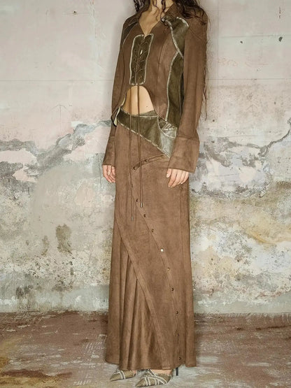 Faux Suede Midi Skirt With Pleated Panel