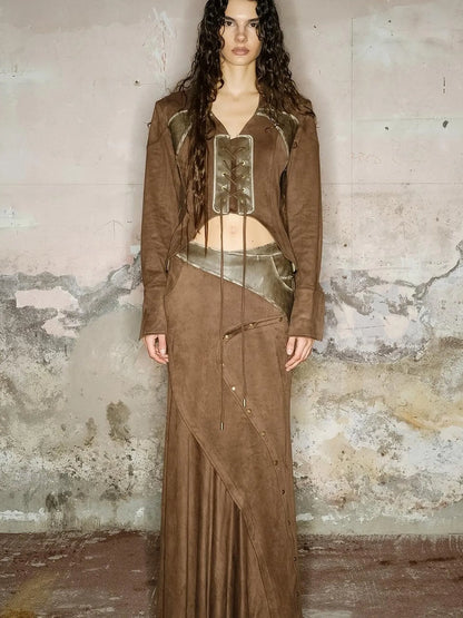 Faux Suede Midi Skirt With Pleated Panel