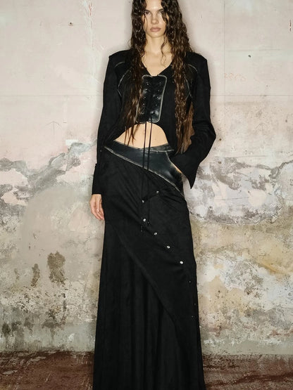 Faux Suede Midi Skirt With Pleated Panel