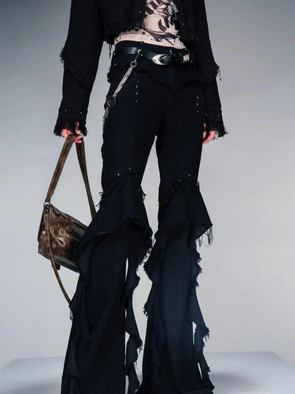 Flared Denim Pants With Asymmetrical Hem