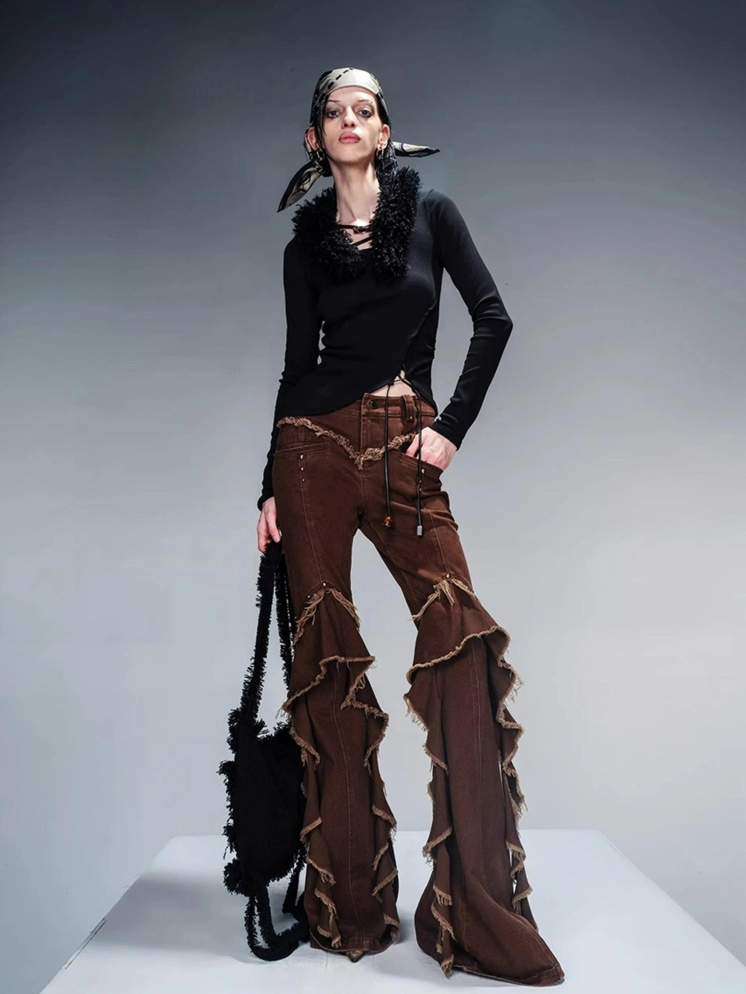 Flared Denim Pants With Asymmetrical Hem