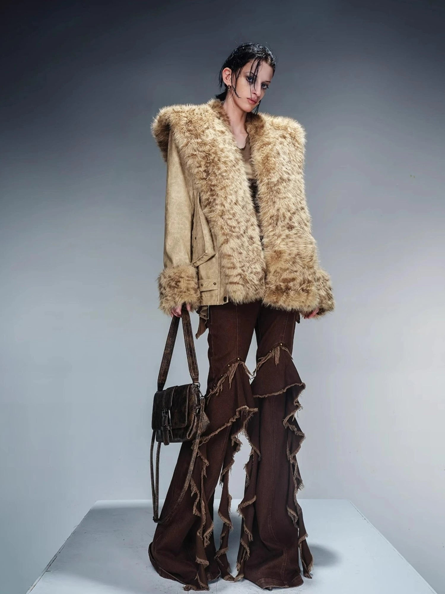 Flared Denim Pants With Asymmetrical Hem